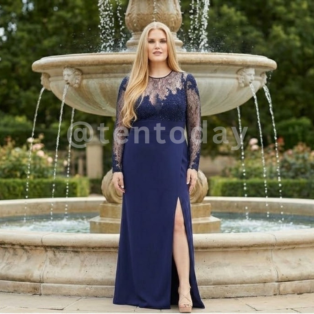 Mac Duggal‎ Size 14W 14 Dark Blue Illusion Lace Neck Long Sleeve Gown Maxi Dress